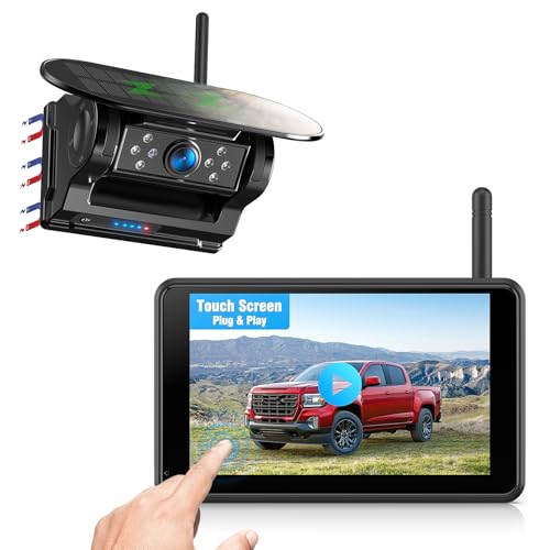 Solar Powered Wireless Reversing Camera Kit 5 1080P Monitor, 1 Min DIY Installation & Support 4 Split Screen, IP69K Waterproof Reversing Camera for Car Van Truck Trailer