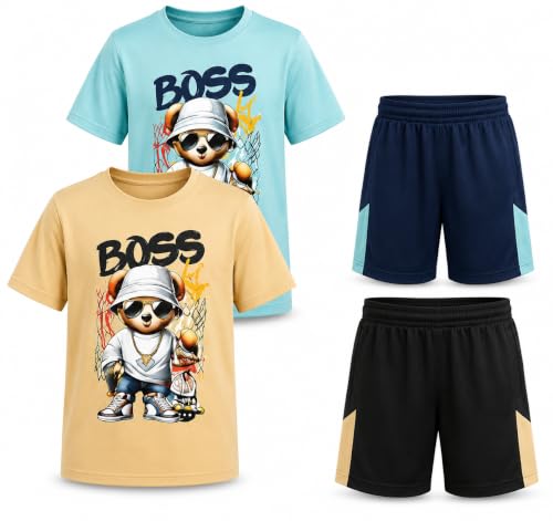 Image of Pro Athlete Boys Shorts Sets - 4 Piece Dry Fit Short Sleeve Crewneck Graphic Tee and Performance Shorts for Boys (Sizes 8-16)
