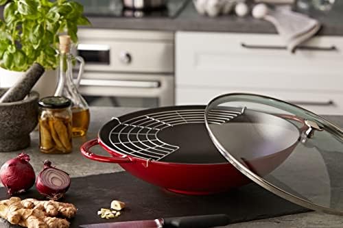 Staub 40509-898-0 Cast Iron Wok, including Glass Lid and Removable Grid Insert, Suitable for induction, Ø 37 cm, 5.7 L, Cherry Red