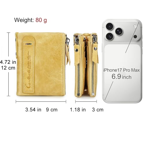 Image of CONTACTS Soft Leather Wallet for Women Small Bifold Coin Purse Double Zipper Card Holder with RFID Blocking (Yellow)