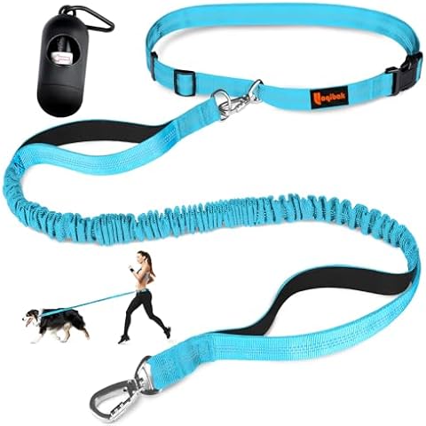 Laqibak Hands Free Dog Leash, Adjustable Waist Leash for Dog Walking, Dual Handle Bungee Dog Leash 4.2-6.7 Feet Long with Reflective Stitches for Walking Hiking Running, Fits 26"- 47" Inch Waist, Blue Cover