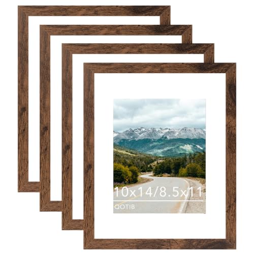 QOTIB 10x14 Picture Frame Deep Brown for 30 x 40cm Diamond Art Painting, Wood 10x14 Frame with 8.5x11 Mat for Wall Mounting, 30x40 cm Frame with Shatter-Resistant Plexiglass, Deep Brown, 4 Pack