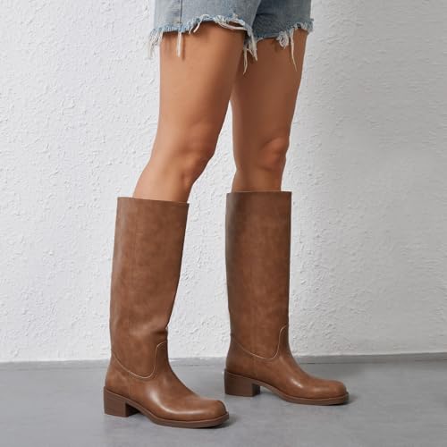 Image of Gothictor Women's Banana Knee High Boots Square Toe Chunky Block Heel Comfortable Low Heel Pull on Wide Calf Riding Long Boots for Women