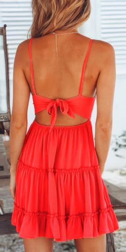 Image of ebossy Women's Sexy Boho V Neck Sleeveless Backless Lace Swing Mini Dress Spaghetti Straps Beach Vacation Sundress (Medium, Red)