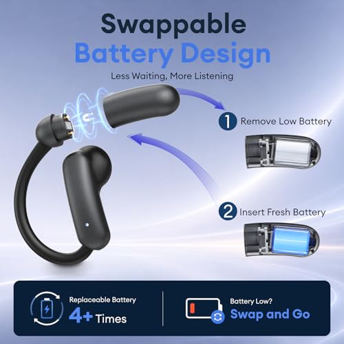 Image of PAXA Open Ear Earbuds with Replaceable Batteries, Open Ear Headphones | LED Digital Display Charging Case, Bluetooth 6.0 Over The Ear Earbuds for Running, Work, Walking, SwapBuds M143 Black