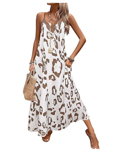 Image of GORGLITTER Women's Leopard Print A Line Flowy Long Cami Dress V Neck Flared Loose Holiday Sundress Light Khaki Large