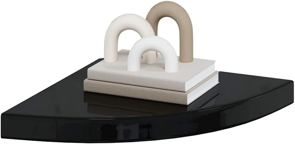Floating Corner Shelf High Gloss Black MDF, 13.8x13.8x1.5 in Triangular Wall Shelf for Living Room, Bedroom, Bathroom Decor, Easy Mount