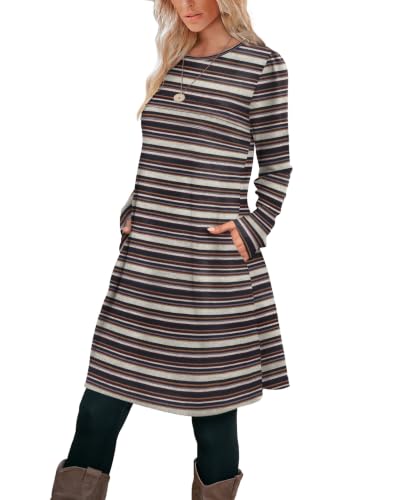 Image of OFEEFAN Womens Long Sleeve Tunic Dress Fall Fashion Sweater Dress with Pockets Pleated Front Casual Winter
