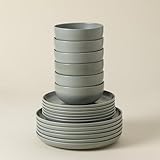 Casafina 18-teiliges Gedeckservice aus Steinzeug aus Keramik für 6 Personen mit Müslischalen – Pacifica-Kollektion, Artischocken-Grün | Mikrowellen- und spülmaschinenfestes Geschirrset | Geschirr in