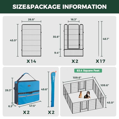 Image of FXW Rollick Unleashed Dog Playpen for Indoor, Yard, RV Camping, 45 inch 16 Panels Dog Pen with Playpen Storage Bag (2 Packs) for Large Dogs, Black│Patented