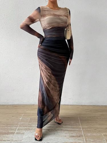 Image of Womens Long Sleeve Maxi Dress Mesh Bodycon Spring Fall Formal Wedding Guest | Tie Dye Ruched Night Out Cocktail Party Long Dresses