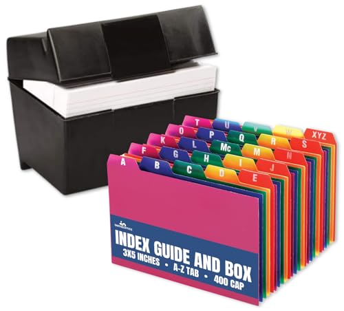 1InTheOffice Index Card Box 3x5 inch, Index Card Holder 3x5 400 Capacity & Index Card Guide Set, A-Z, 1/5 Tab