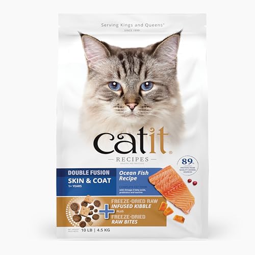 Catit Recipes Double Fusion Skin & Coat Cat Food – Ocean Fish Recipe, High-Protein, Freeze-Dried Raw Toppings, Omega-Rich for Healthy Skin & Fur, No by-Products, Minimally Processed, 10 lb