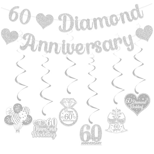 Gidobo 60th Diamond Wedding Banner and Decorations Set - 6 Pieces Hanging Swirls Glittery Party Bunting for Couple Parent Celebration