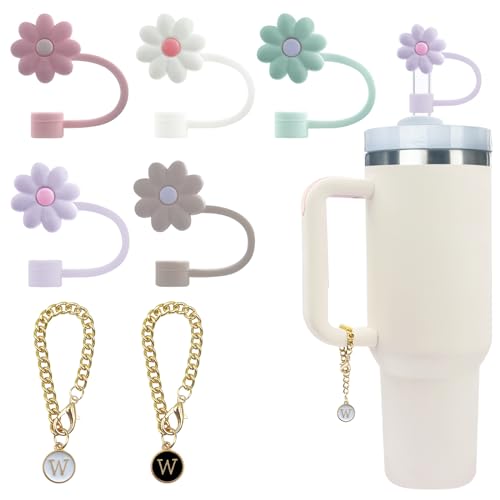 Velaco 5Pcs Silicone Straw Covers Cap and 2 PCS Letter W Charm Accessories - Chains with Initial Letter W for Stanley 20 30 40 oz Tumbler with Handle