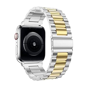 Pulseira Aço Inoxidável Elos Clássica, Compatível com Apple Watch (42/44/45, Prata/Dourado)