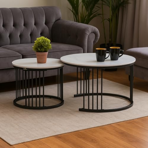 Image of Royaloak Genting Malaysian Round Sintered Top Coffee Table Set of 2 | Nesting Coffee Table for Living Room with Modern Nested Design, Glossy Surface, Powder-Coated Metal Frame & Vertical Bar Support