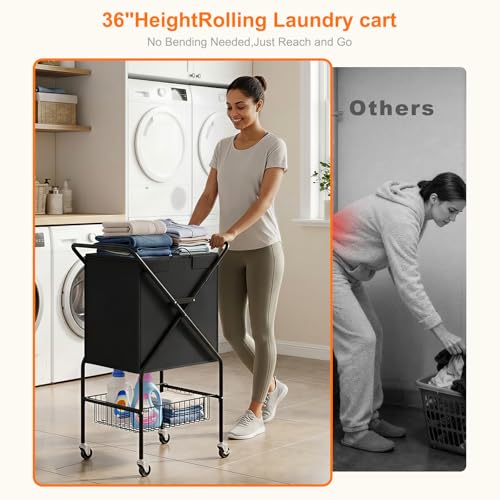 Image of Laundry Basket with Wheels:88L Rolling Laundry Cart Foldable Metal Frame Dirty Clothes Laundry Hamper 36 inchH 4 Caster 2 Brake Waterproof Removable Liner Carry Handle for Dorm Laundry Room,Black