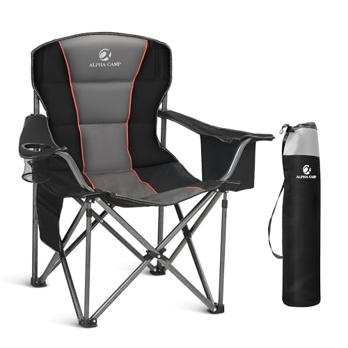 ALPHA CAMP Camping Chairs for Adults Heavy Duty Camping Chair Up to 200 kg Folding Camp Chair with Cup Holder and Cooler Bag for Outdoor Picnic Fishing, Lightweight and Portable, Black