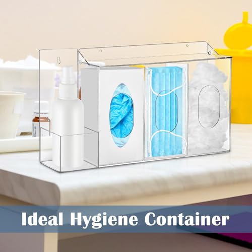 Image of CroBlissful 4 Compartment Hygiene Dispenser Station Wall Floating Glove Holder with Wall Mount Tissue Box Holder Use in Office Hospital for Face Masks, Gloves, Hand Sanitizer Medical Supplies