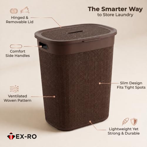 Image of TEX-RO 55L Laundry Basket with Lid, Brown Plastic Clothes Storage Basket with Handles, Large Dirty Clothes Hamper for Laundry, Bathroom & Bedroom, Multipurpose Storage Basket for Home