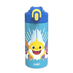 Zak Designs Baby Shark 14 oz Double Wall Vacuum Insulated Thermal Kids Water Bottle, 18/8 Stainless Steel, Flip-Up Straw…