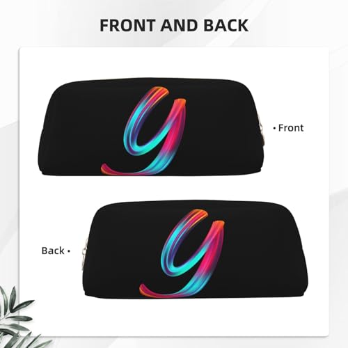 Image of Cute Initial Pencil Case for Kids Simple Leather Pencil Pouch for Boys Girls Letter Design Pencil Box Pen Bag Pencil Pouch Office Stationery Organizer, Rainbow Letter Y