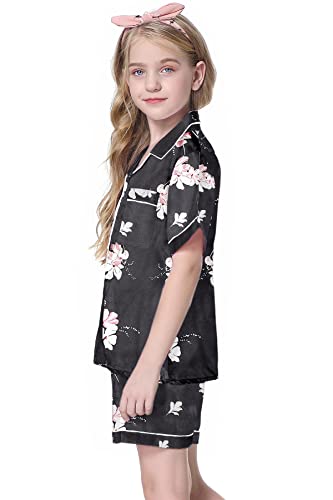 Image of Schbbbta Girls Womens Pajamas, Satin Silky Pjs Set Kids 2Pcs Button-Down Nightwear Sleepwear Gift for Mommy and me