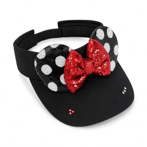 Sparkly Mouse Ears Visor Hat for Adult Women, Adjustable Sun Visor Cap with Sequin Mouse Ears Bow, Cute Party Headwear Glitter Visor Hat with Ears for Theme Parks & Festivals Black