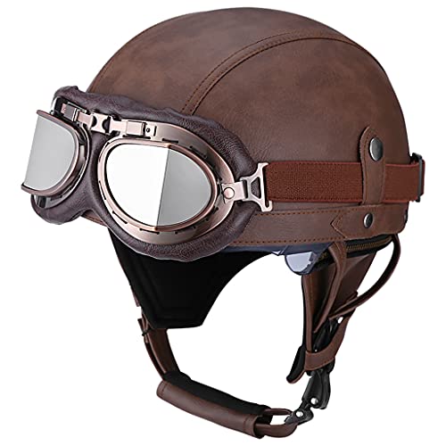 Leather Brown Motorcycle Goggles Vintage Garman Style Pilot Motorcycle Helmet Vintage Half Helmets Cruiser Scooter Touring Helmet DOT Approved Open Face Cap Safety Helmet for Men Women