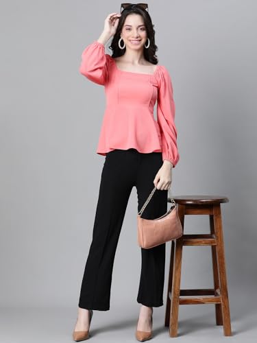 Image of Women Solid Round Neck Elasticated Polka Print Long Sleeve Top
