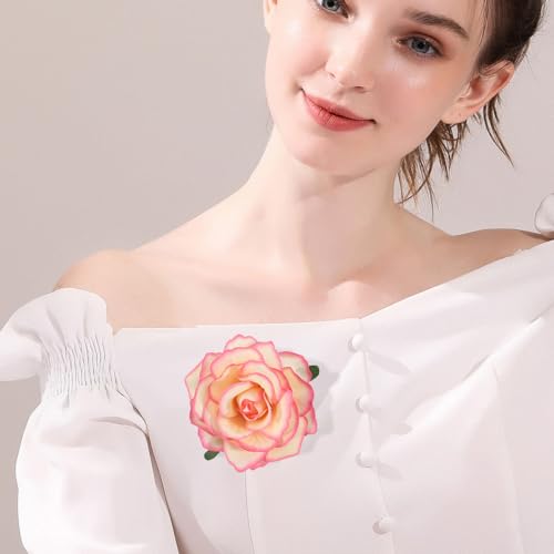 Image of 3.9 Inches Rose Hair Clip & Flower Brooches for Women | Vintage Design Clip Flowers for Hair Accessories | Charming Rose Flowers Pins for Clothes, Hairpins Party Supplies for Wedding (Pink & Beige)