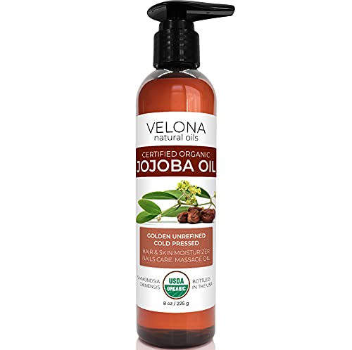 Velona Jojoba Oil Usda Certified Organic - 8 Oz (With Pump) | 100% Pure And Natural | Golden, Unrefined, Cold Pressed, Hexane Free | Moisturizing Face, Hair, Body, Skin Care, Stretch Marks, Cuticles #TOP4