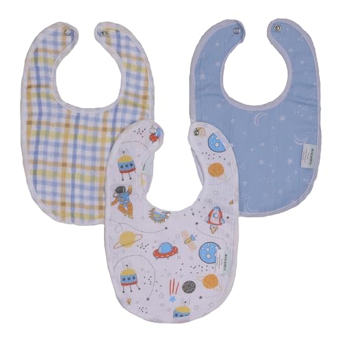 Image of abracadabra Muslin Bibs with Adjustable Snap Button Closure, Super Absorbent, Soft, Comfortable & Lightweight, Set of 3 - Rocketman
