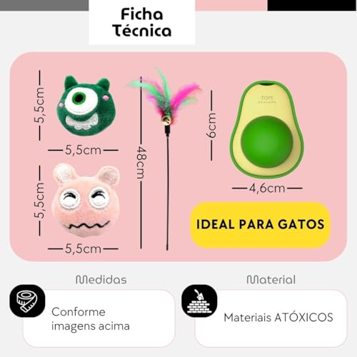 Kit 5 Brinquedos para Gato com Catnip, Varinha, Pelúcia Abacate Interativa, Brinquedos com Sino e Gu