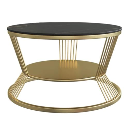 Image of 2-Tier Round Coffee Table with Open Storage Shelf for Living Room Wooden Tabletop Metal Frame Simple & Modern End Table for Small Space Center Table for Living Room Black and Golden