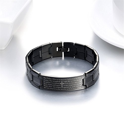 Men's Vintage Stainless Steel Black Cross Silver English Bible Lords Prayer Religious Link Wrist Bracelet (Cross Middle, Black, 7.9 Inch) #TOP1