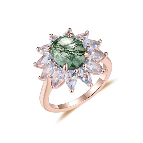 Moss Agate Ring Natural Gemstone Genuine 925 Sterling Silver with Gold plating Women’s Oval Cut Moss Agate Engagement Ring Gifts for Her ﻿3