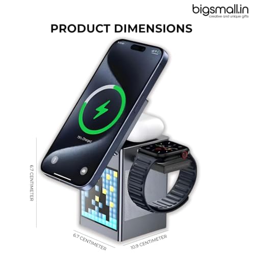 Image of Bigsmall Magnetic 3-in-1 Wireless Charger for iPhone 17 /16 /15 /14 /13 /12 Series, Apple Watch & Air Pods | Fast Charging Stand with Digital Clock & Night Light | Black
