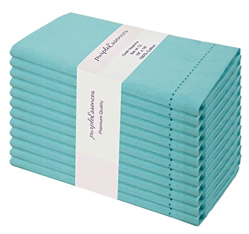 Purpleessences Set Of 12 Hemstitch Cloth Dinner Napkins 100% Cotton - Soft Durable Washable - Solid Easter And Spring Collection Perfect Everyday Use Table Linen Cloth Napkins 18X18 - Aqua Blue #TOP19