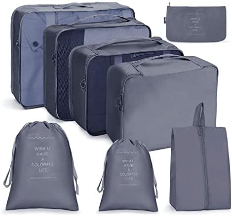 OSDUE Koffer Organizer Set 8-teilig, Packing Cubes, wasserdichte Reise Kleidertaschen, Packtaschen für Koffer, Verpackungswürfel mit Schuhbeutel, USB Kabel Tasche (Grau)