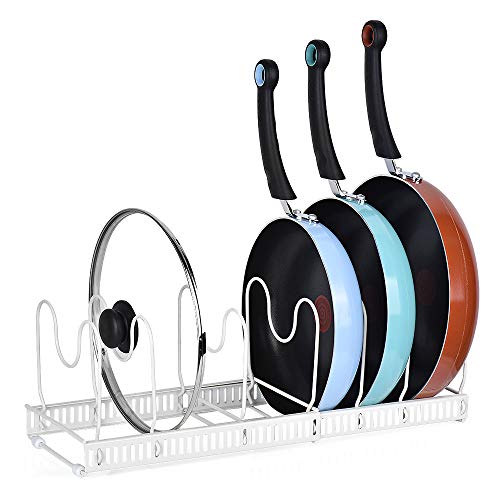 X-cosrack Expandable Pots and Pans Organizer Rack - Holds 7 Pans & Lids to Keep Cupboards Tidy - Adjustable Bakeware Rack for Kitchen and Pantry