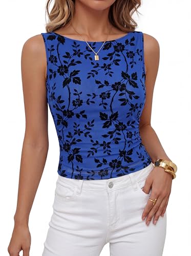 BTFBM Womens Tank Tops 2026 Summer Floral Mesh Sleeveless Boat Neck Slim Fit Shirts Casual Spring Ruched Going Out Top(Royal Blue, X-Large)