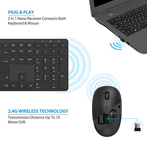 TedGem Tastiera e Mouse Wireless, 2.4G Set Tastiera e Mouse Senza Fili, USB Ergonomico Mouse e Tastiera, Tastiera e Mouse con 2-in-1 USB Nano per PC, Laptop(Ultra-Sottile Silenzioso & IT Layout)
