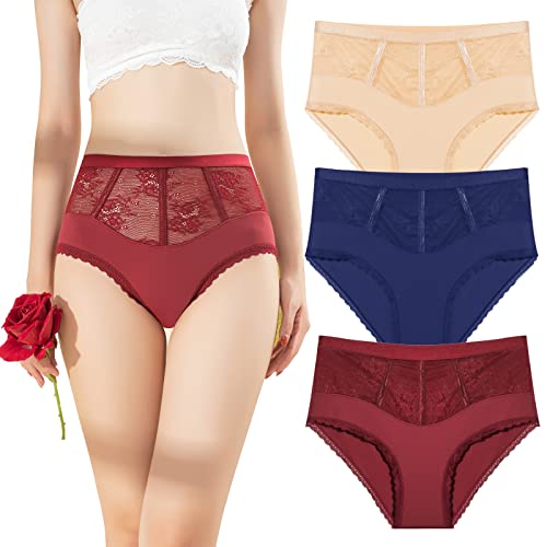 Lot de 3 Slips Soie Glacée Elastique, Culottes sans Couture Invisible Femme, Culotte Dentelle Taille Haute Sexy, Slip à Coupe Haute Respirant, sous-Vêtements à Ventre Plat, Grande Taille Cover