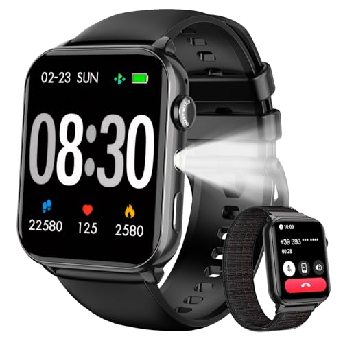 IOWODO Smartwatch Herren Damen | Bluetooth Anrufe & LED-Leuchte | SpO2 & Schlafüberwachung | 350mAh (6+ Tage) | 2 Armbänder (Silicone/Nylon) | Fitnessuhr für Android & iOS