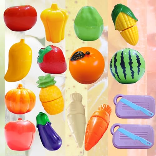 Image of PLUSPOINT Fruit Cut Toy with Storage Basket Realistic Sliceable Cutting Fruits and Vegetable Pretend Play Kitchen Toys for Kids 7-Fruits / 7-Vegetables / 2 Board / 2 Knife (Multicolour), 18pc