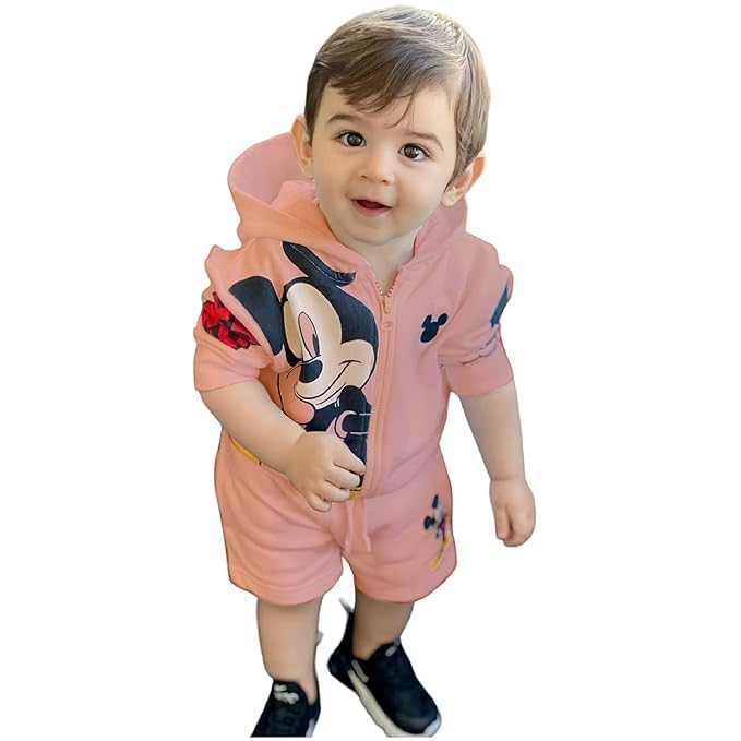 Baby Boy's Poly Cotton Cartoon Print Long Sleeve Zipper Hoodie with Shorts