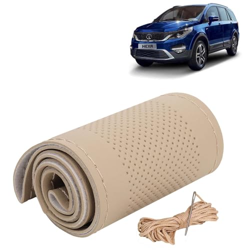 Image of KINGSWAY PU Leatherite Car Steering Cover Sewable Compatible with Tata Hexa (Year 2016 Onwards), Beige Color with Beige Thread, Pack of 1 with Sewing Needle and Thread