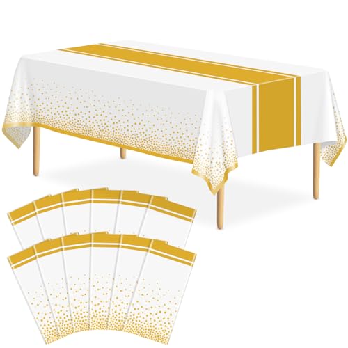 Image of 12 Pack White and Gold Tablecloth Party Decorations Plastic White Tablecloth Printed Gold Table Runner 54 x108 Inch Disposable Rectangle Table Cover for Birthday Wedding Graduation
